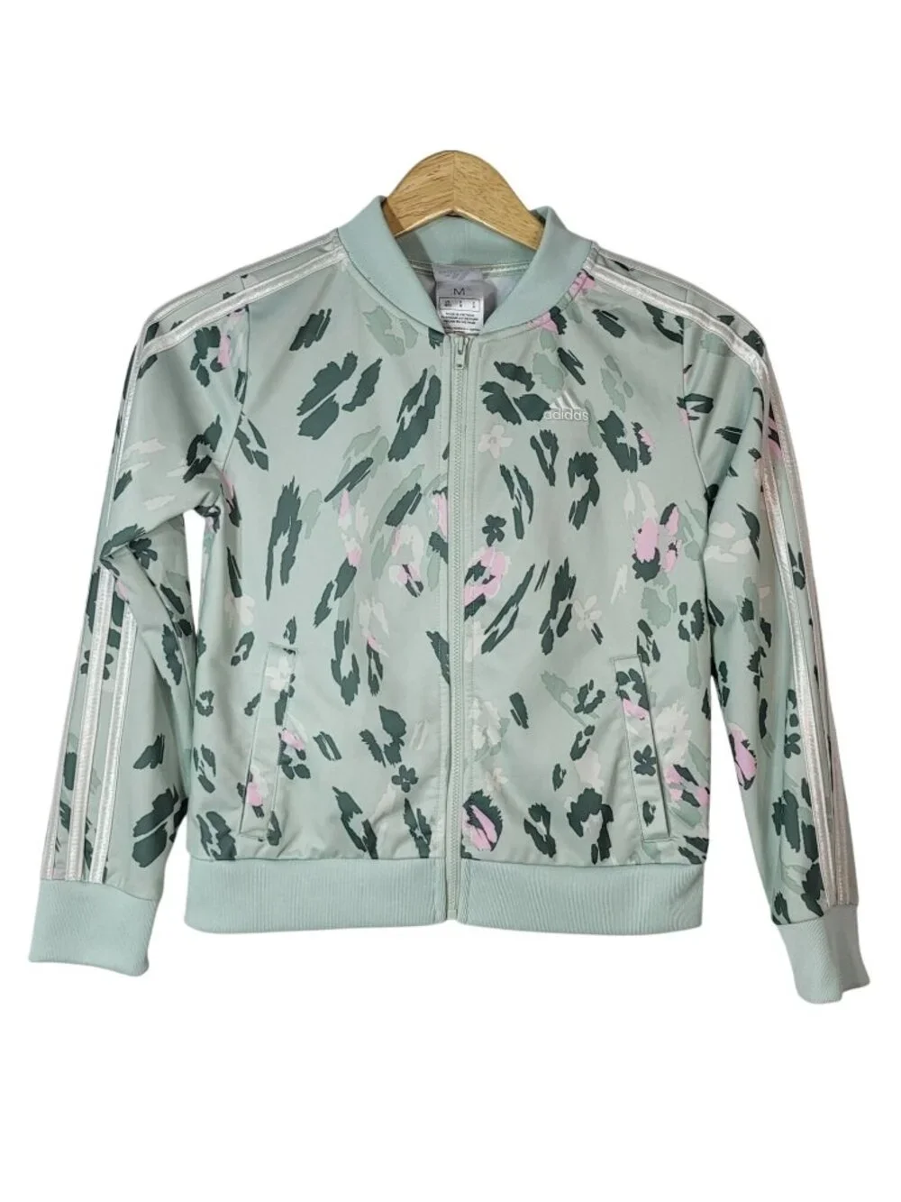 Adidas Girls Floral Track Jacket Green Medium Lightweight Ribbed Tricot Full Zip